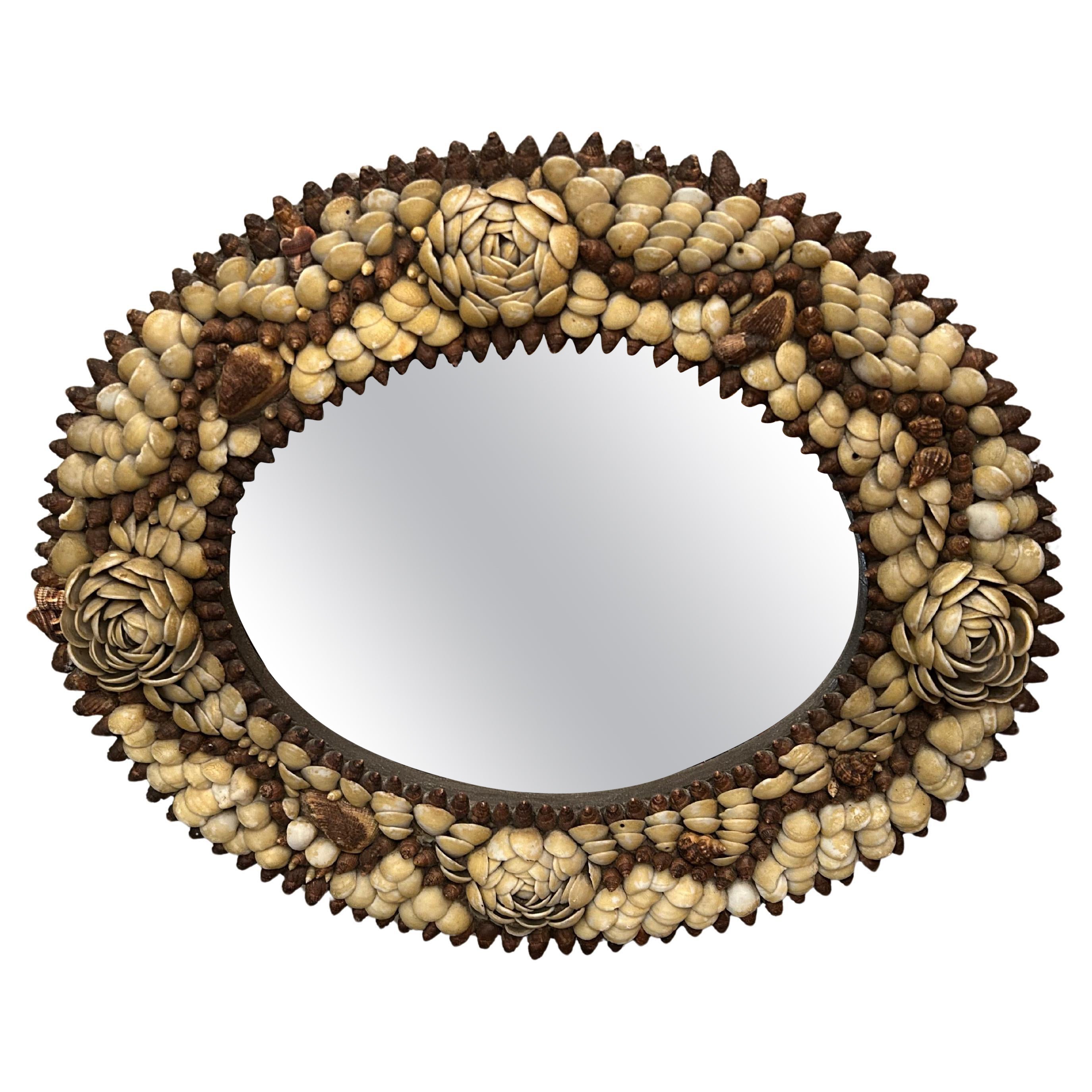 Lovely Meticulously Crafted Shell Adorned Antique Oval Mirror from Nantucket