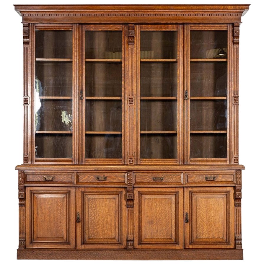 Monumental English 19thC Oak Glazed Library Bookcase