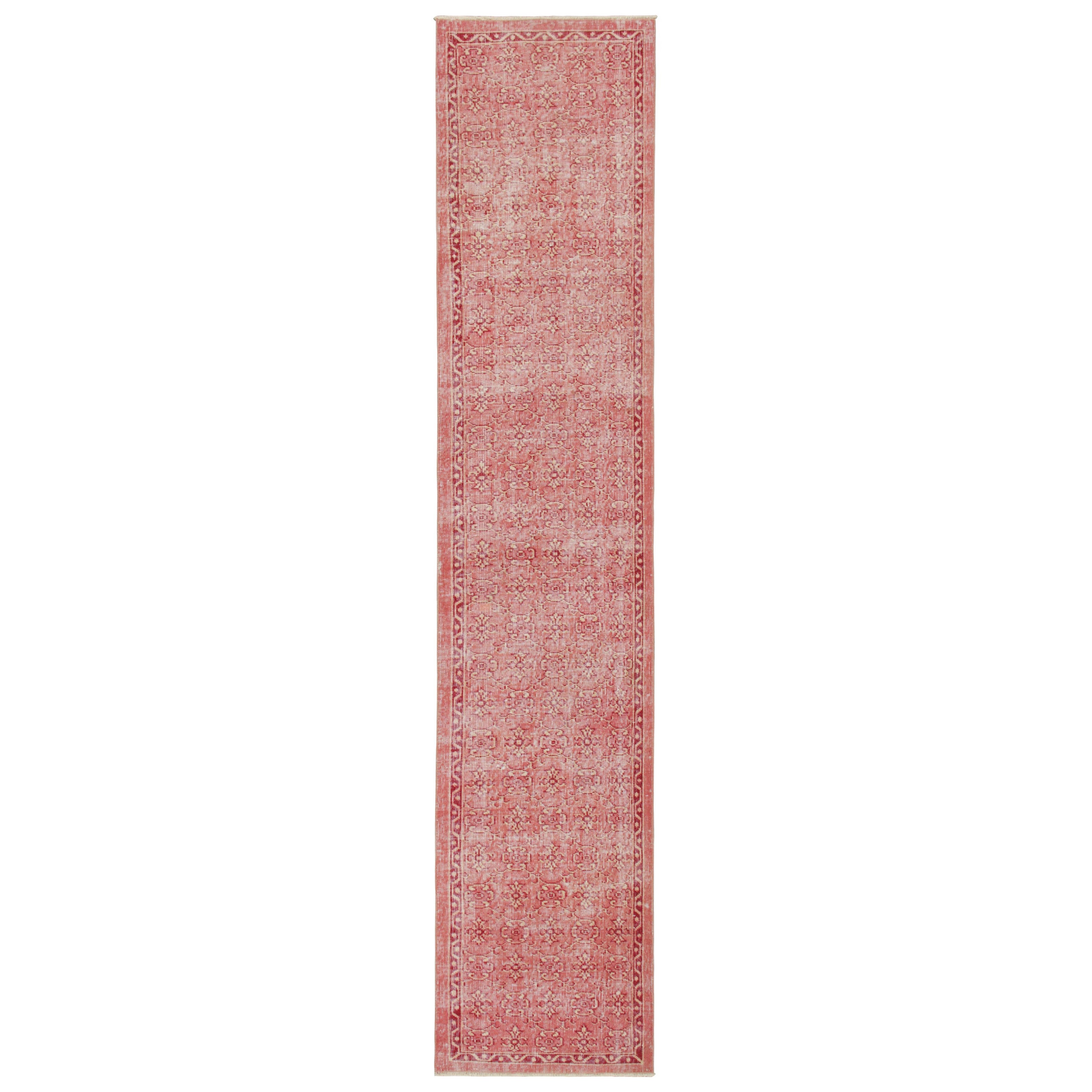 Vintage Turkish Runner Rug, Salmon Pink & Red with Floral Patterns - Rug & Kilim