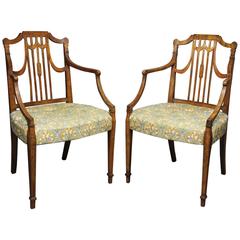 Antique Pair of George III Stained Beechwood and Inlaid Armchairs