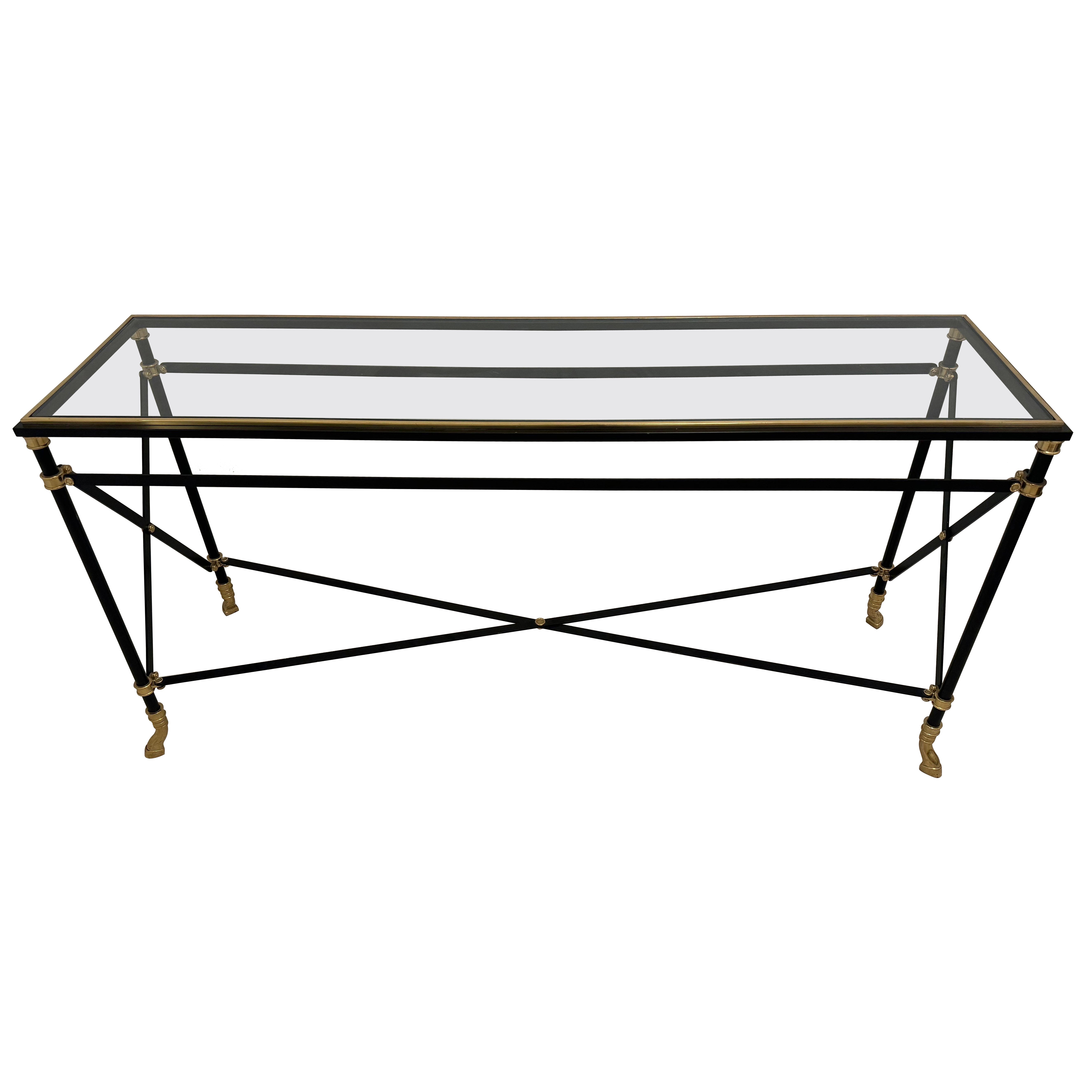 Neoclassical Ebonized Iron and Brass Console Table with Hoof Feet, France, 1970s