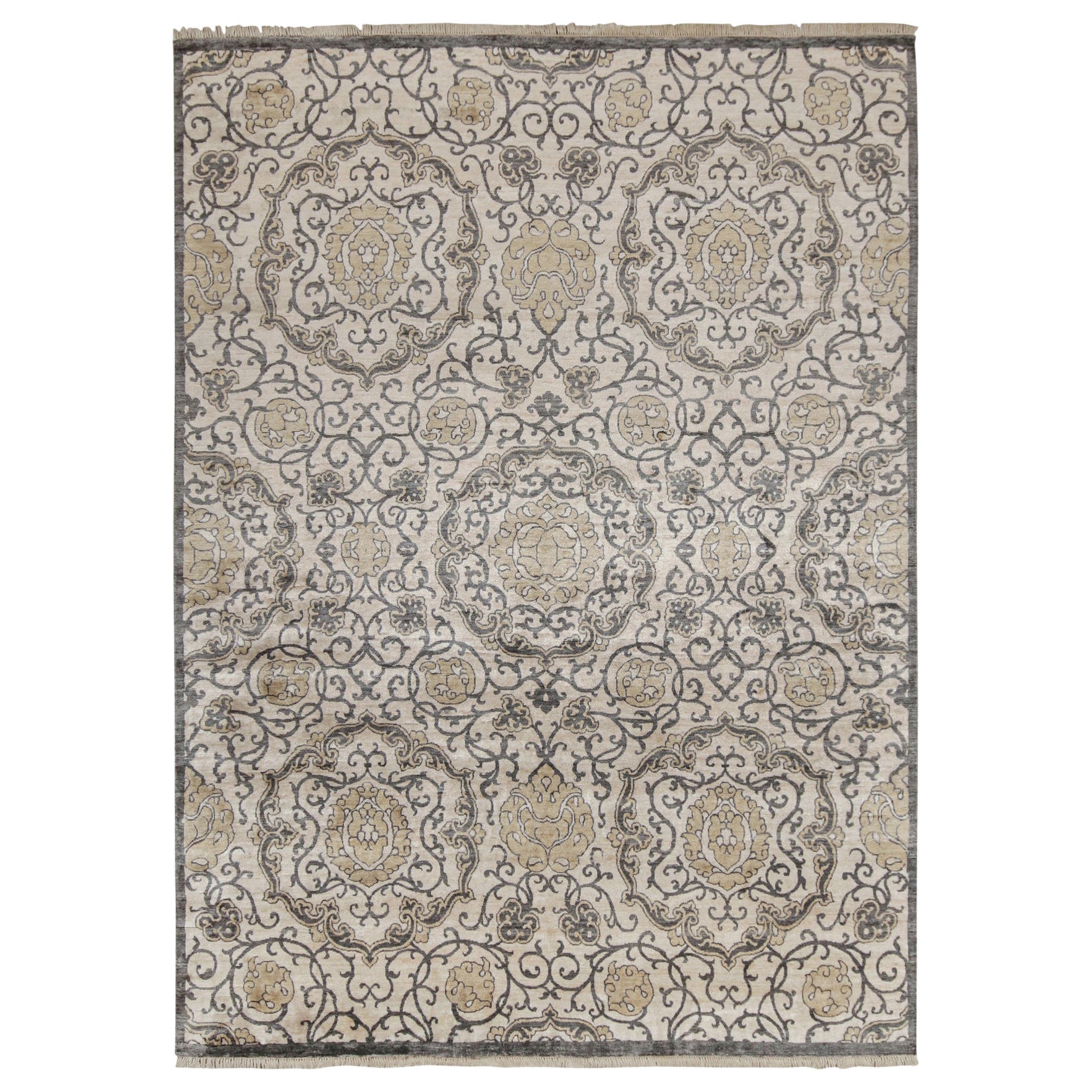 Rug & Kilim’s Classic Style Rug with Gray, Beige and Gold Floral Medallions