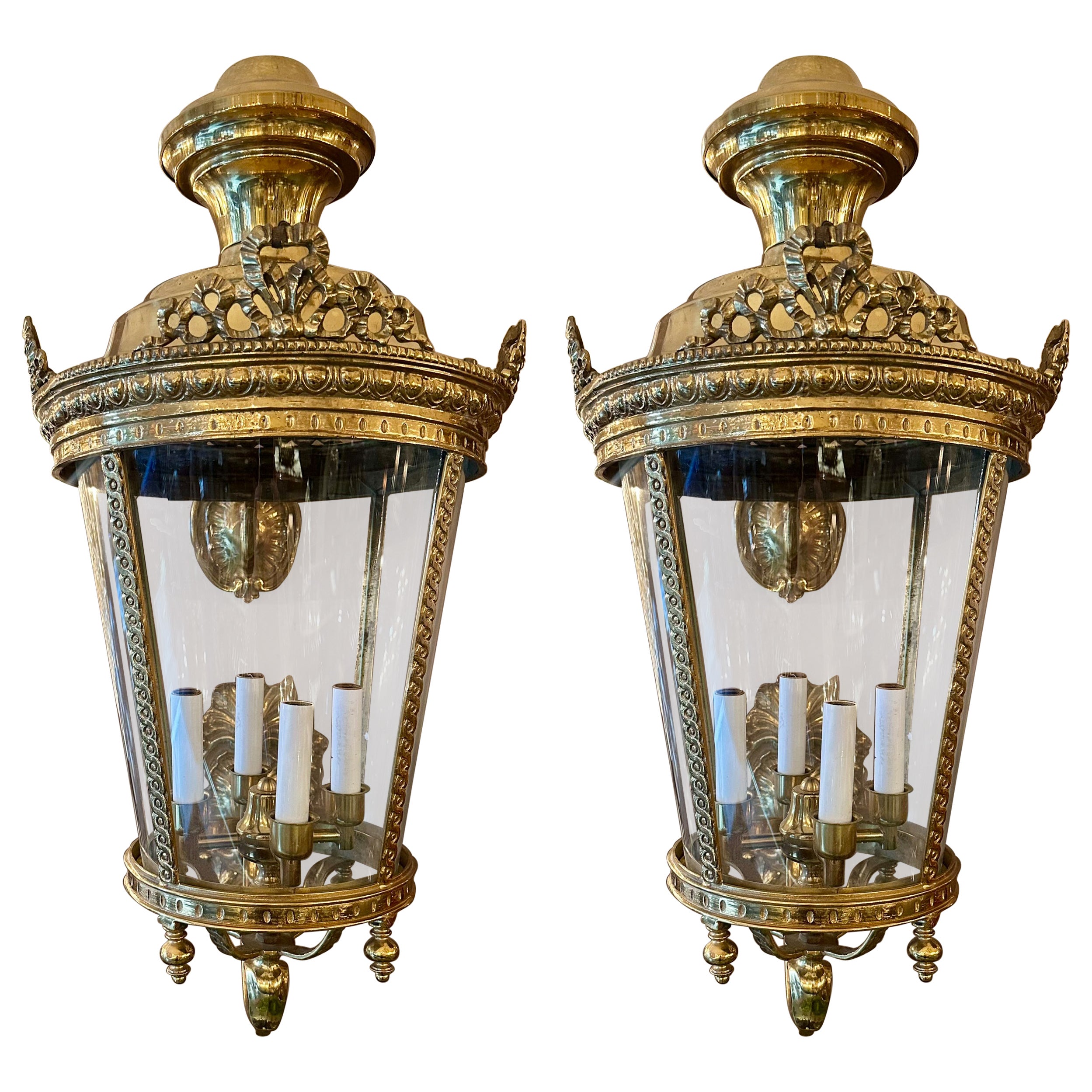 Pair of Large European Louis XVI Style Brass Entry Lanterns.