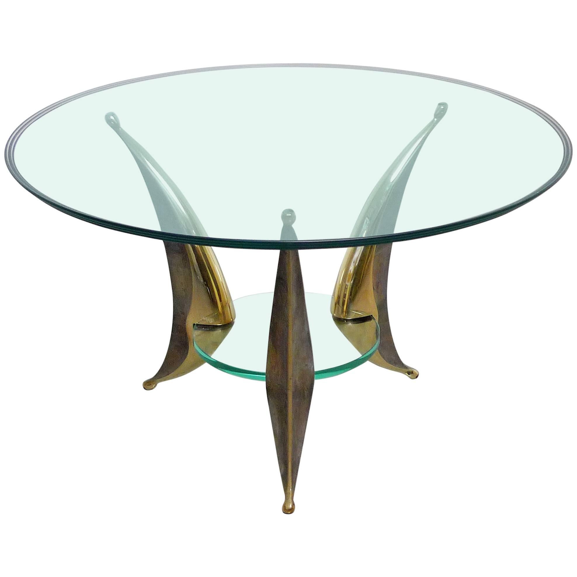 Sculptural Coffee Table with Massive Brass Feet and Two Glass Plates from Italy For Sale