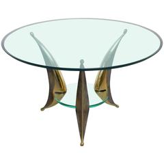 Sculptural Coffee Table with Massive Brass Feet and Two Glass Plates from Italy