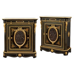 Pair of Antique French Ebonised Wood, Ormolu, Bronze and Marquetry Cabinets