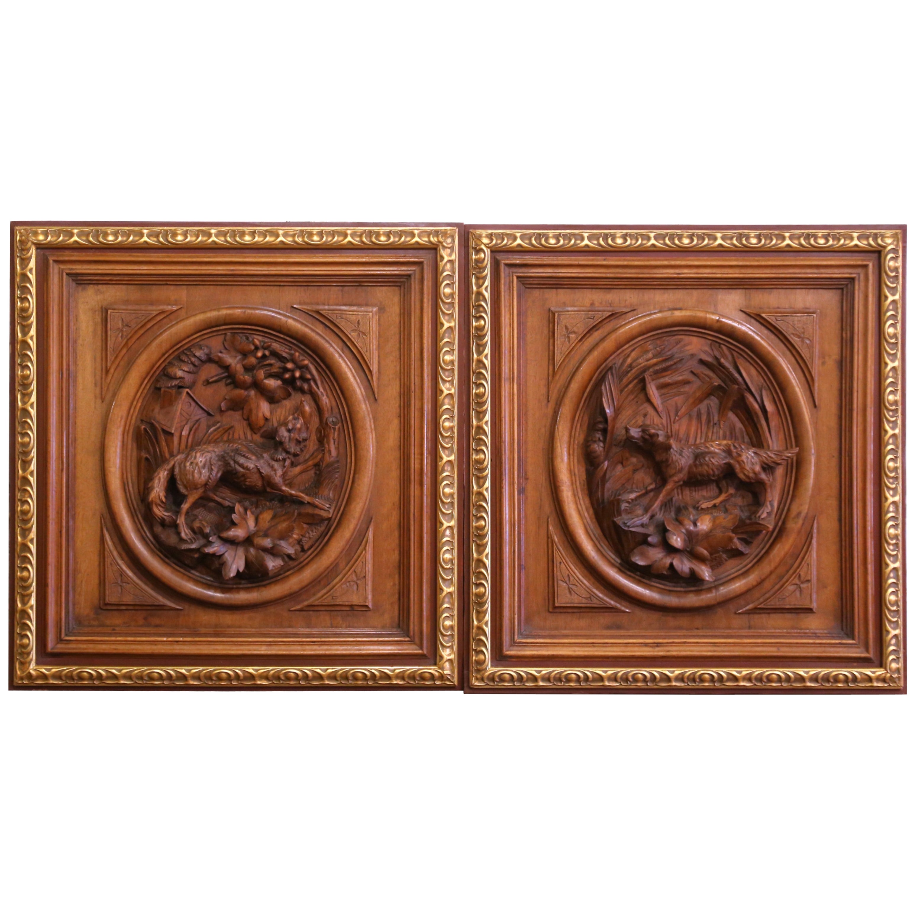 Pair of 19th Century French Hunt-Themed Carved Walnut Panels with Gilt Trim