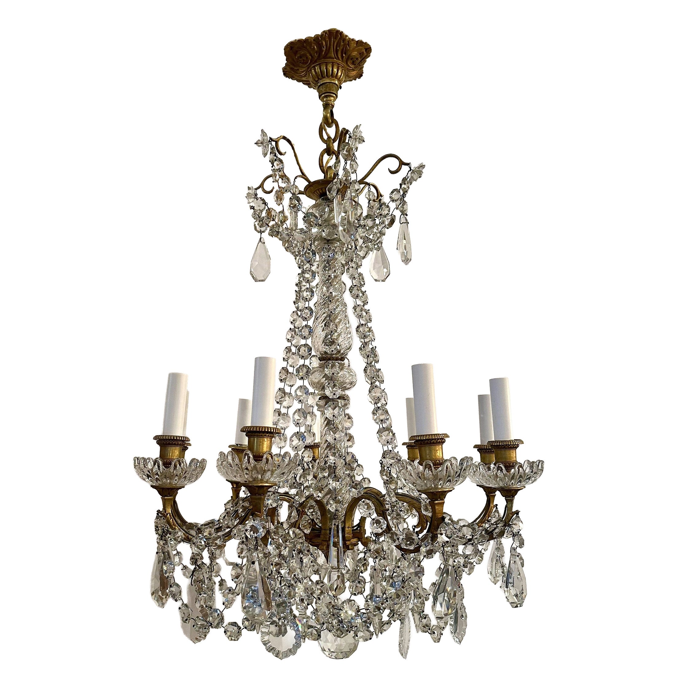 Antique French Cut Crystal and Gold Bronze 8 Light Chandelier, Circa 1890.