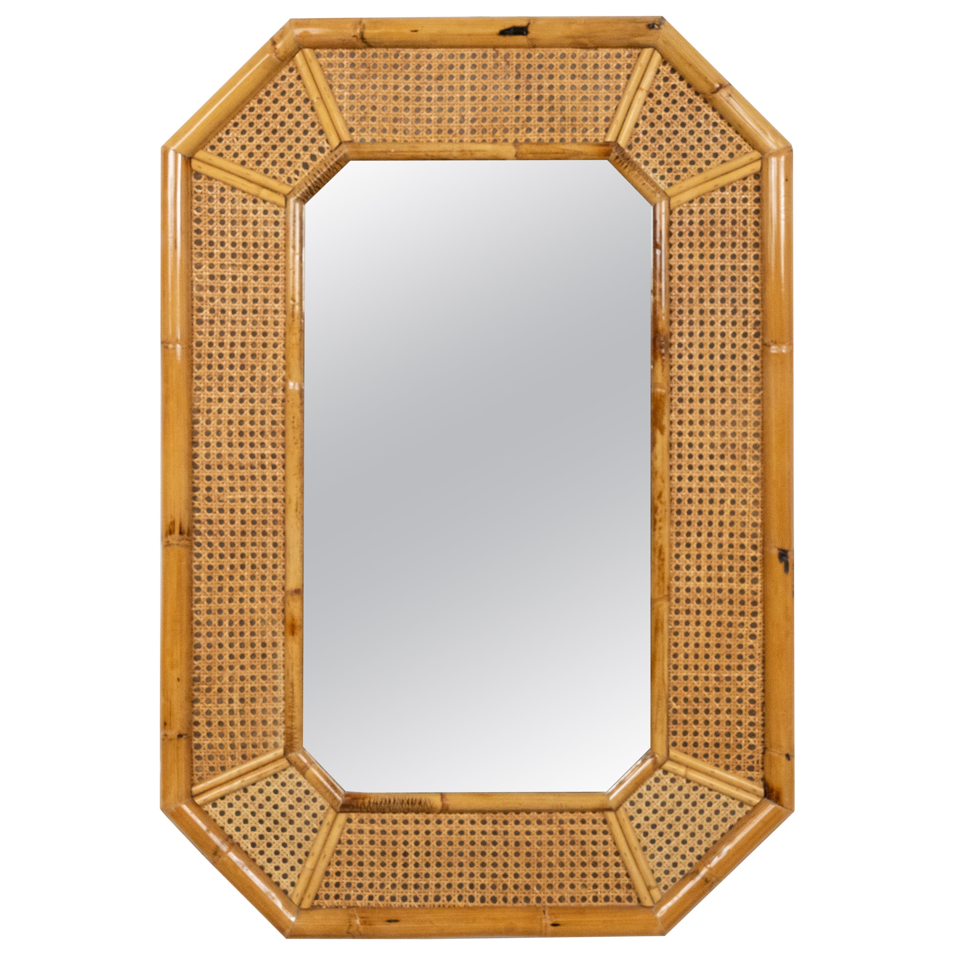 Midcentury Rattan and Bamboo Wall Mirror Vivai Del Sud Style, Italy 1970s