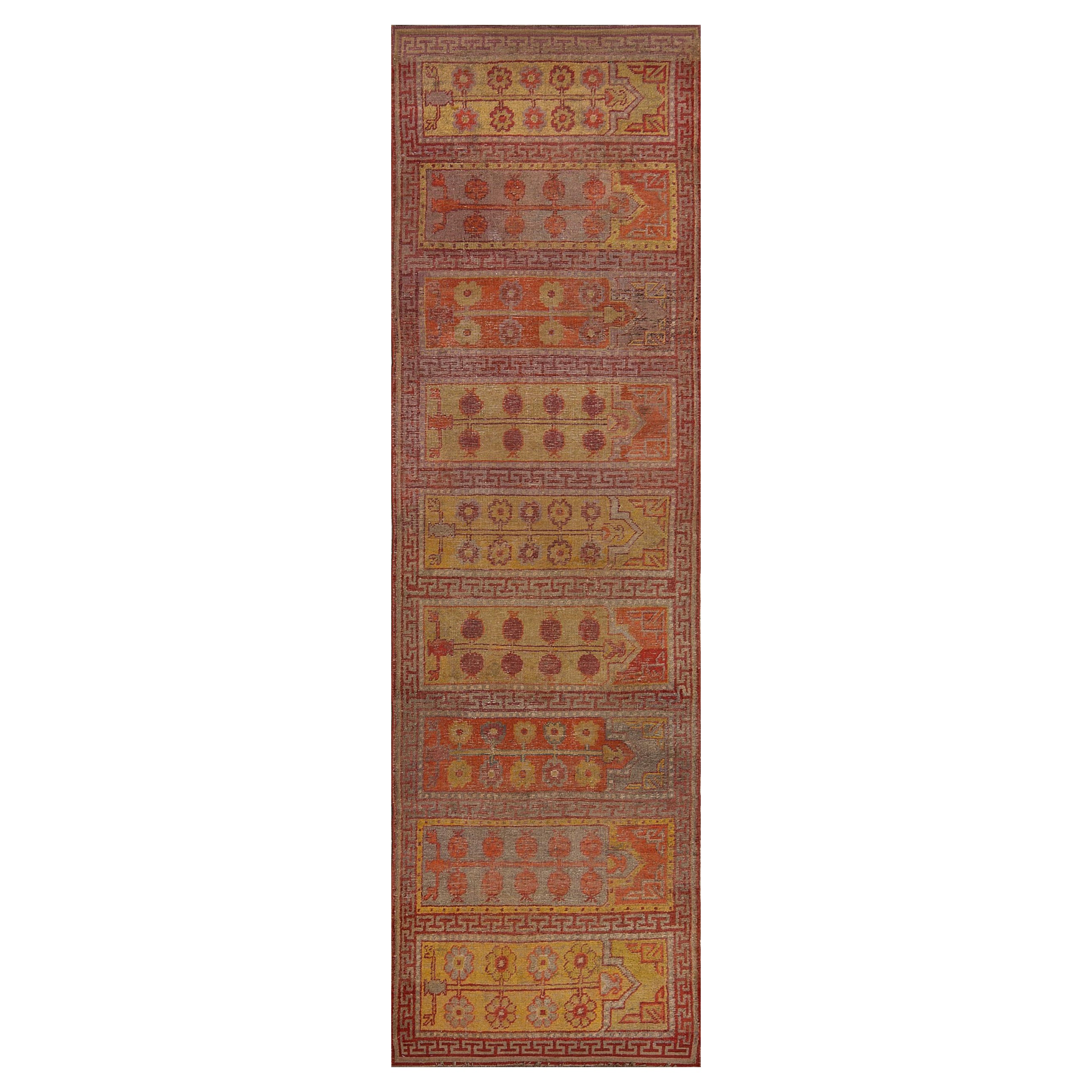 Antique Circa-1900 Traditional Red and Yellow Wool Paneled Khotan Runner