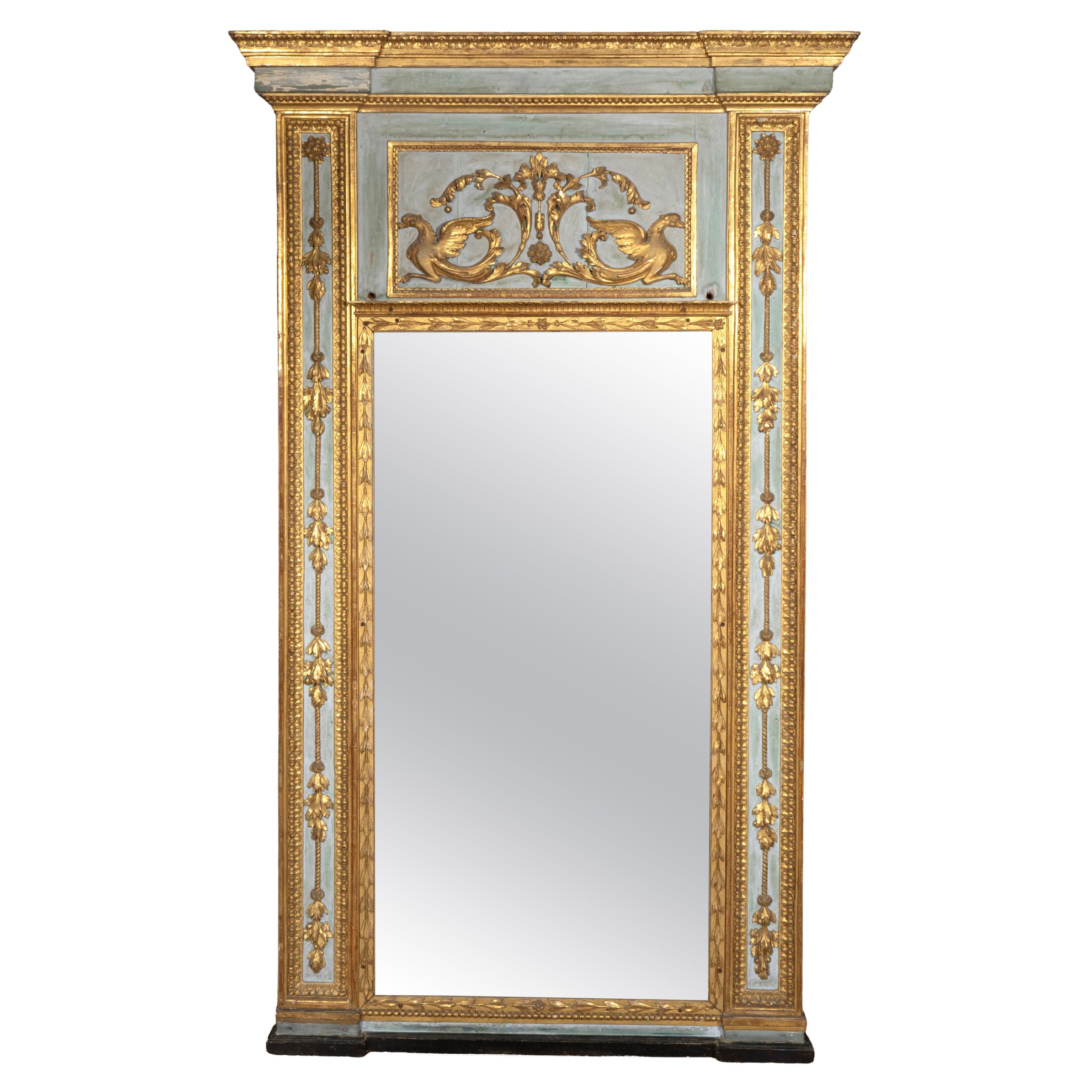 Italian Neoclassic Blue Painted And Parcel Gilt Pier Mirror