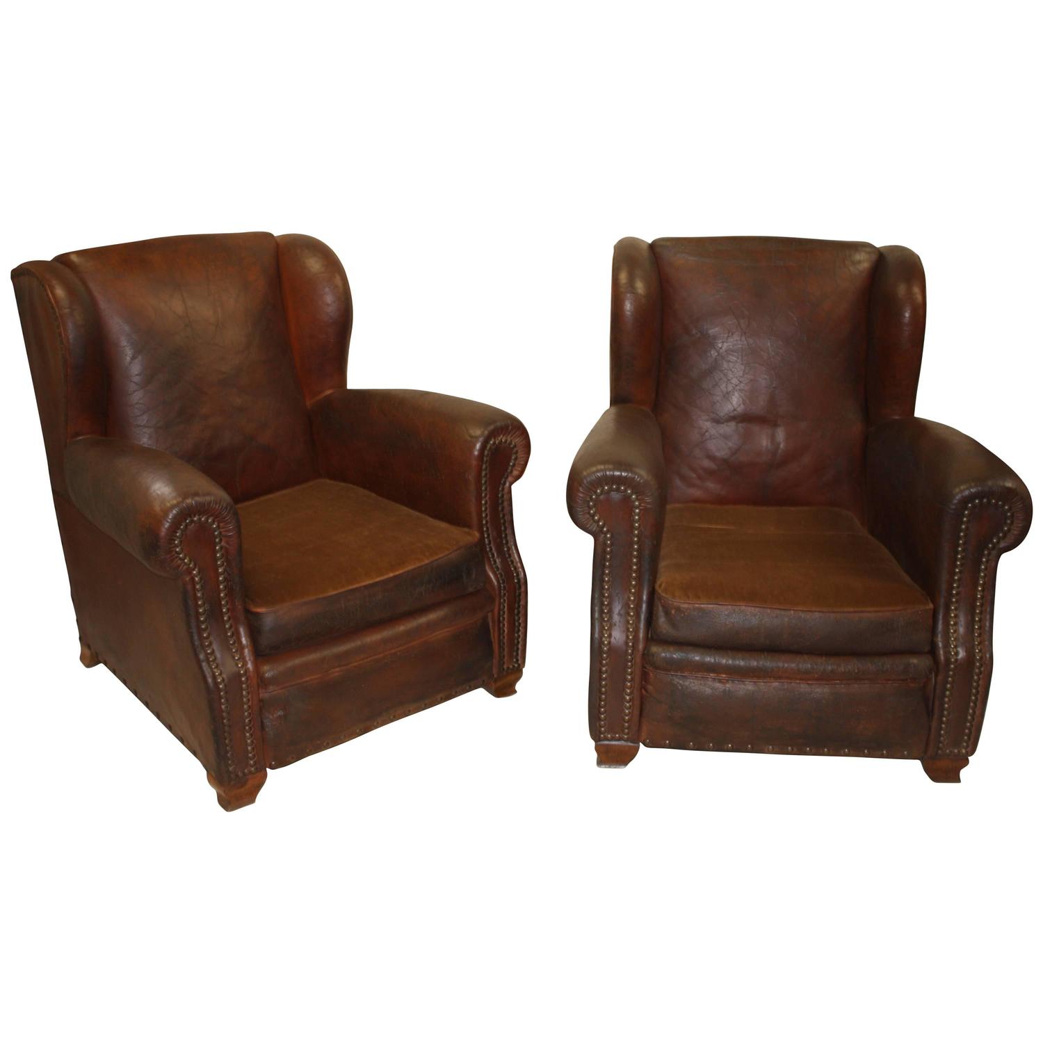 Pair of French Leather Club Chairs For Sale at 1stdibs