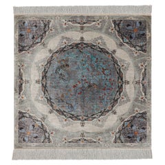 Rug & Kilim’s Modern Square Rug in Silver, Black, Blue with Medallion “Shekar”