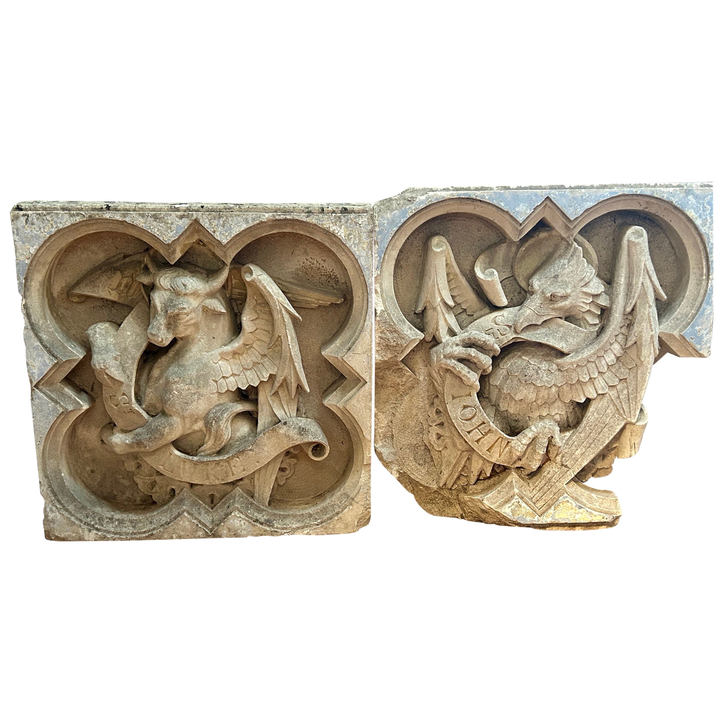 Architectural Antique Church Stone Plaques of St Luke & St John, Antique Religious Sculptures, Church Antique Plaques, Religious Antique Relief Sculptures, Gothic Revival Sculptures, Gothic Revival Carved Plaques, Antique Church Statues.

Impressive