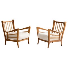 Paolo Buffa Attribution, Lounge Chairs, Walnut, Fabric, Italy, 1940s