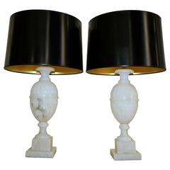 Pair of Italian Hand Carved Neoclassic Alabaster Table Lamps