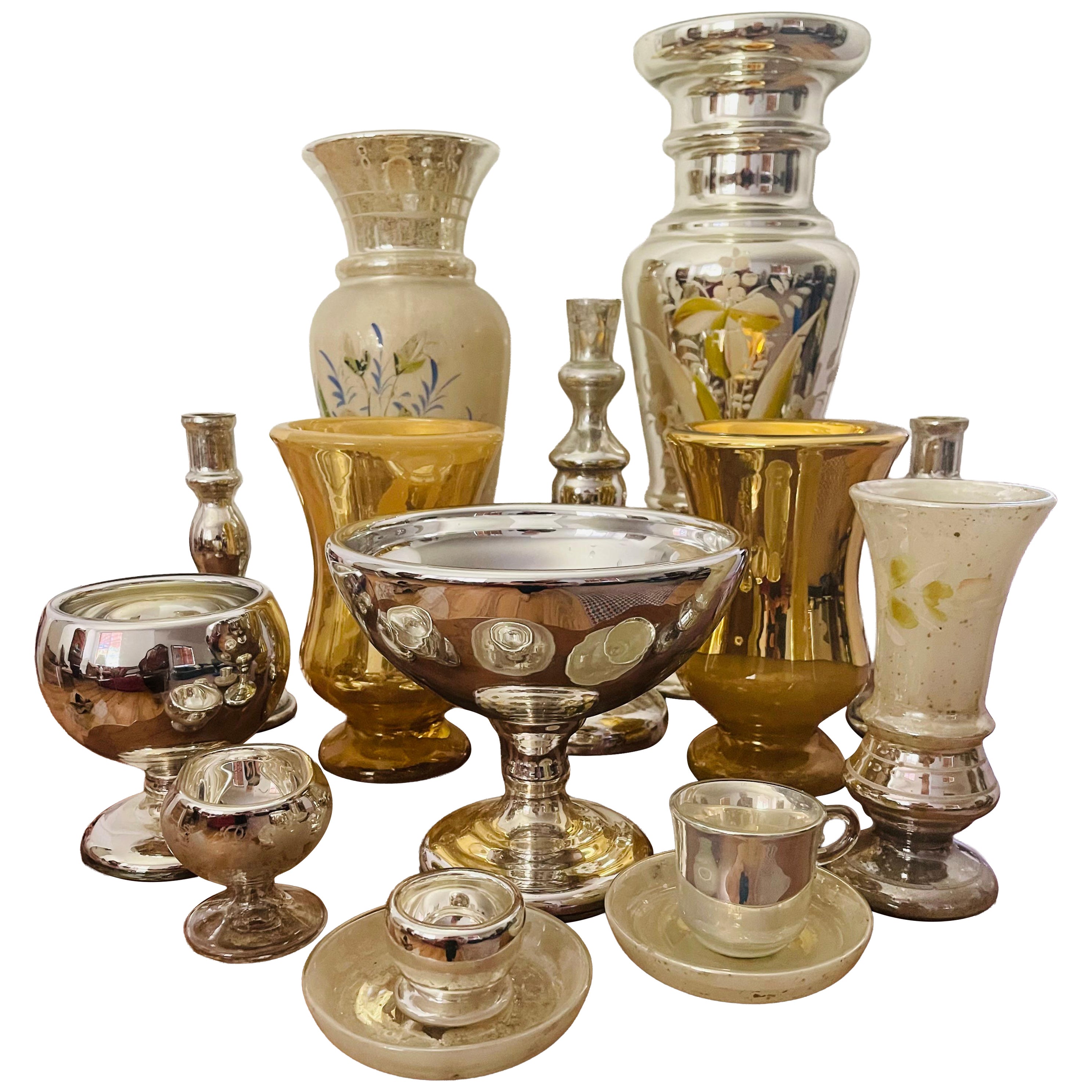 15 pcs Collection Mercury Glass Vases and Bowls