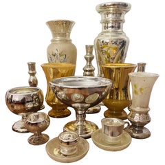 Antique 15 pcs Collection Mercury Glass Vases and Bowls