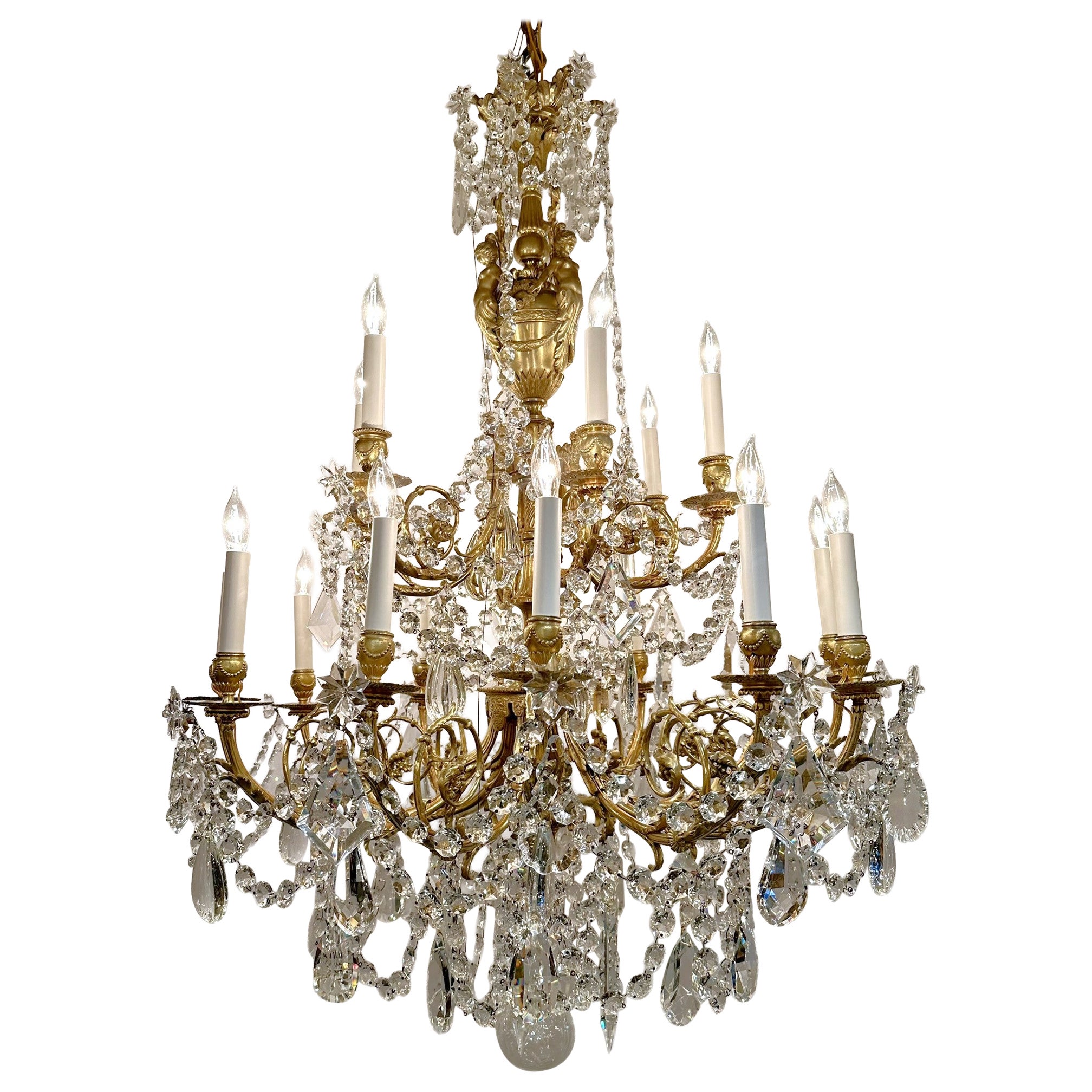 Antique French Louis XVI Crystal and Gold Bronze 18 Light Chandelier, Circa 1890