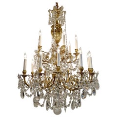 Antique French Louis XVI Crystal and Gold Bronze 18 Light Chandelier, Circa 1890