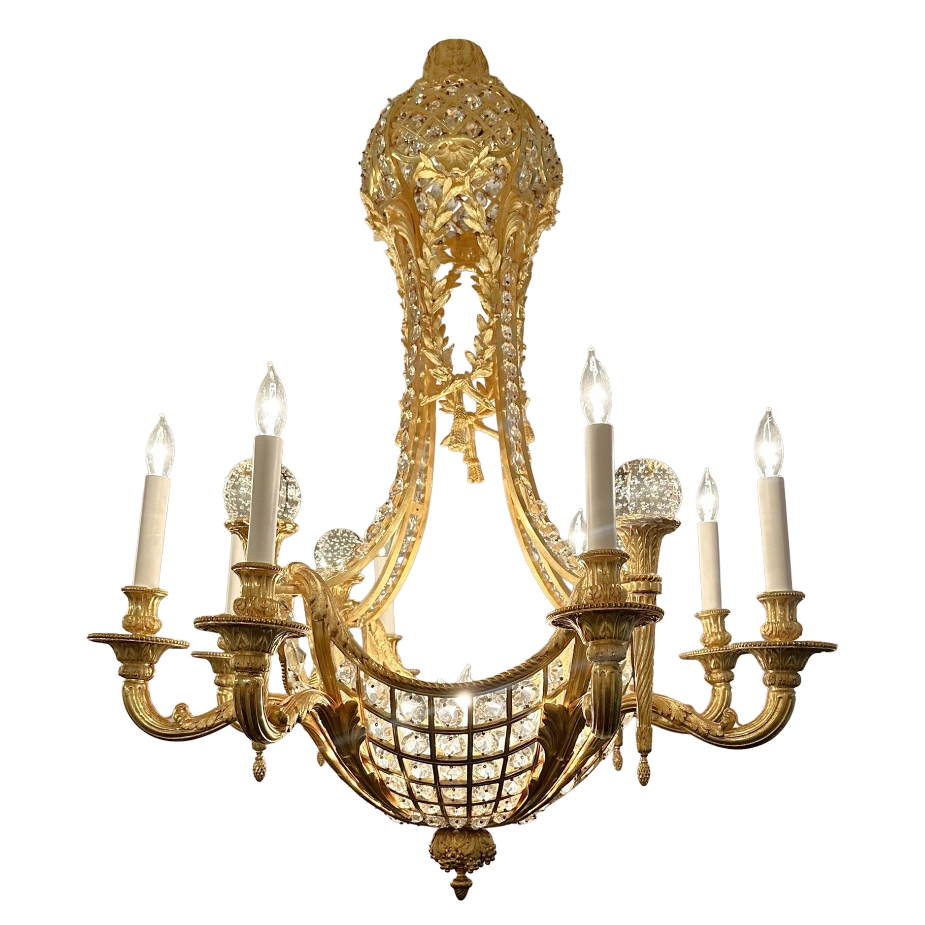 Lustre ancien en bronze doré et perles de cristal du 19ème siècle, Circa 1900.