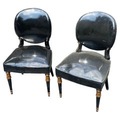 Pair of Mid Century Modern Black Patent Leather Side Chairs, James Mont Style