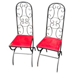 Mid Century Black Wrought Iron Side Chairs, Red Vinyl Seats, Arthur Umanoff