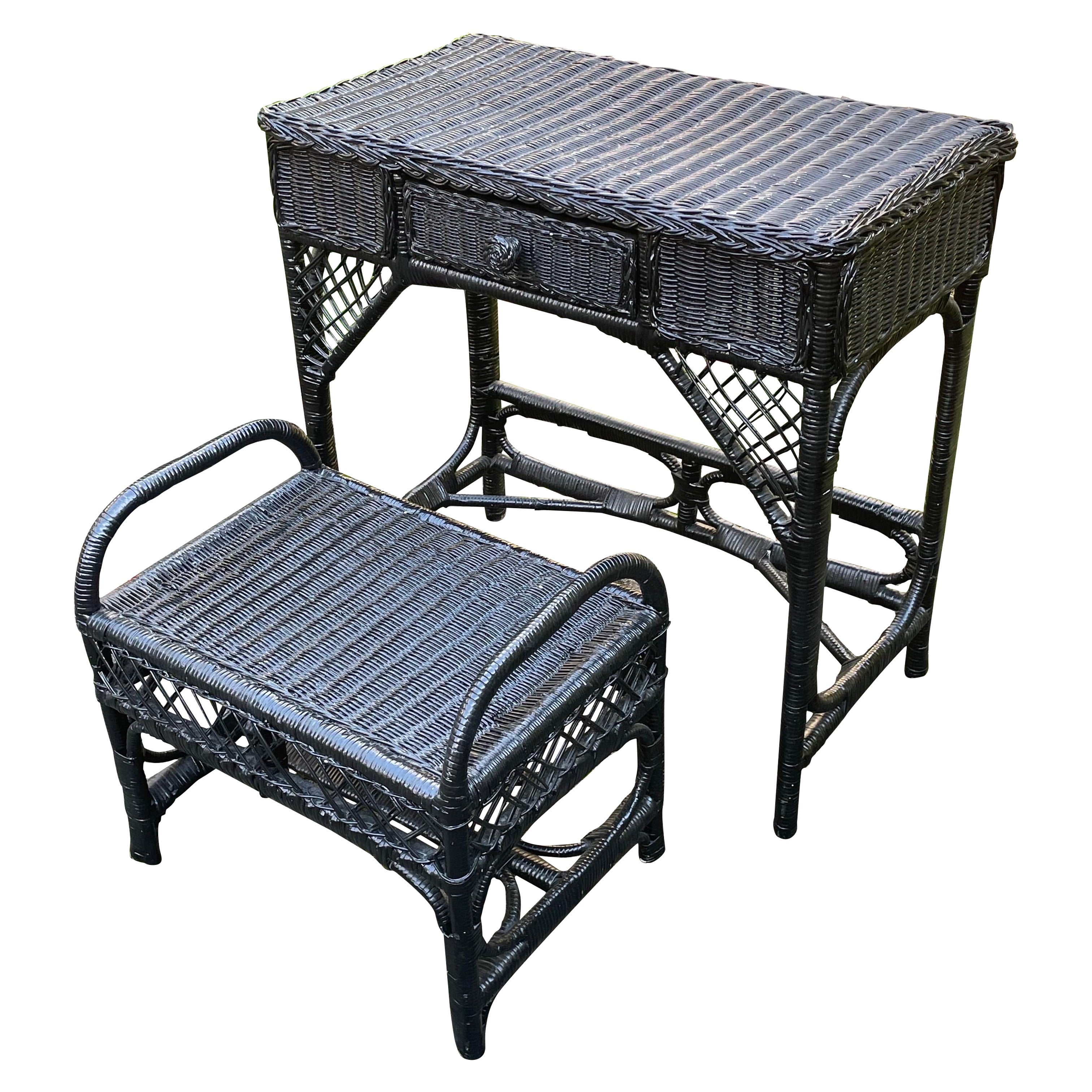Rustic Americana Black Faux Bamboo Desk or Makeup Vanity with Stool