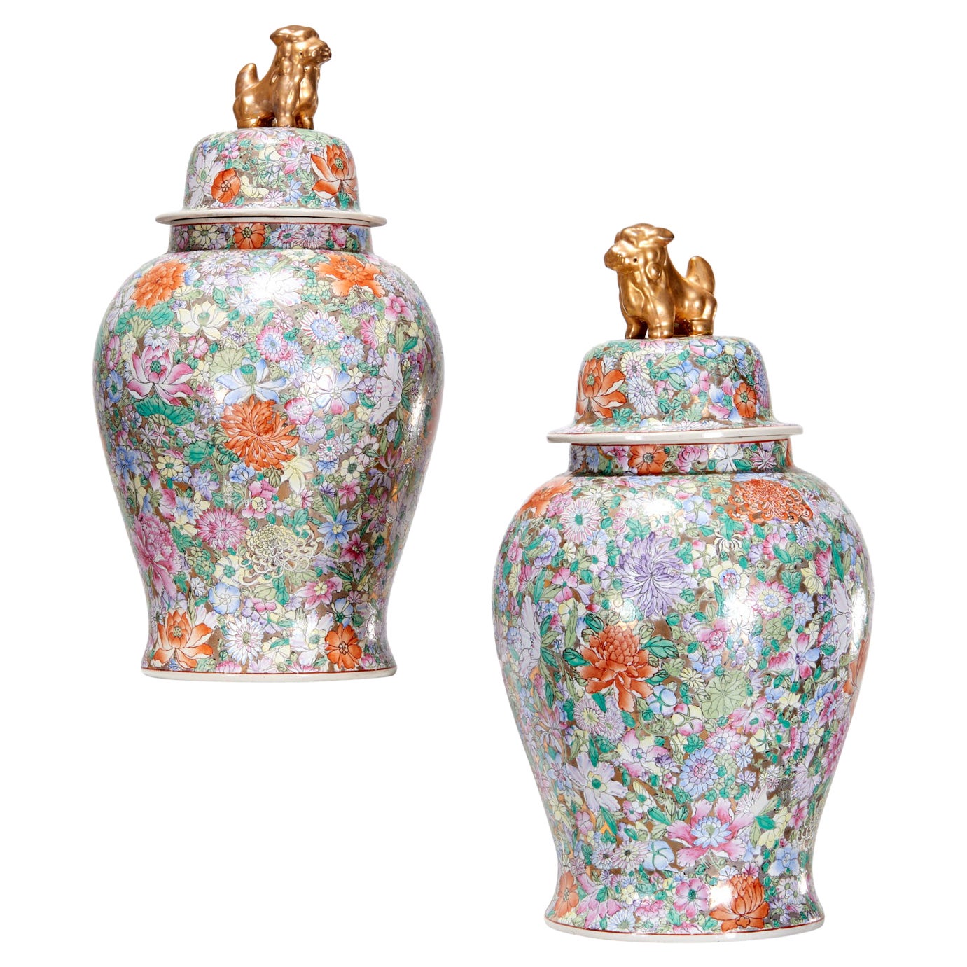 Pair of Monumental Chinese Famille Rose Temple Jars with Gilded Foo Dog Finials
