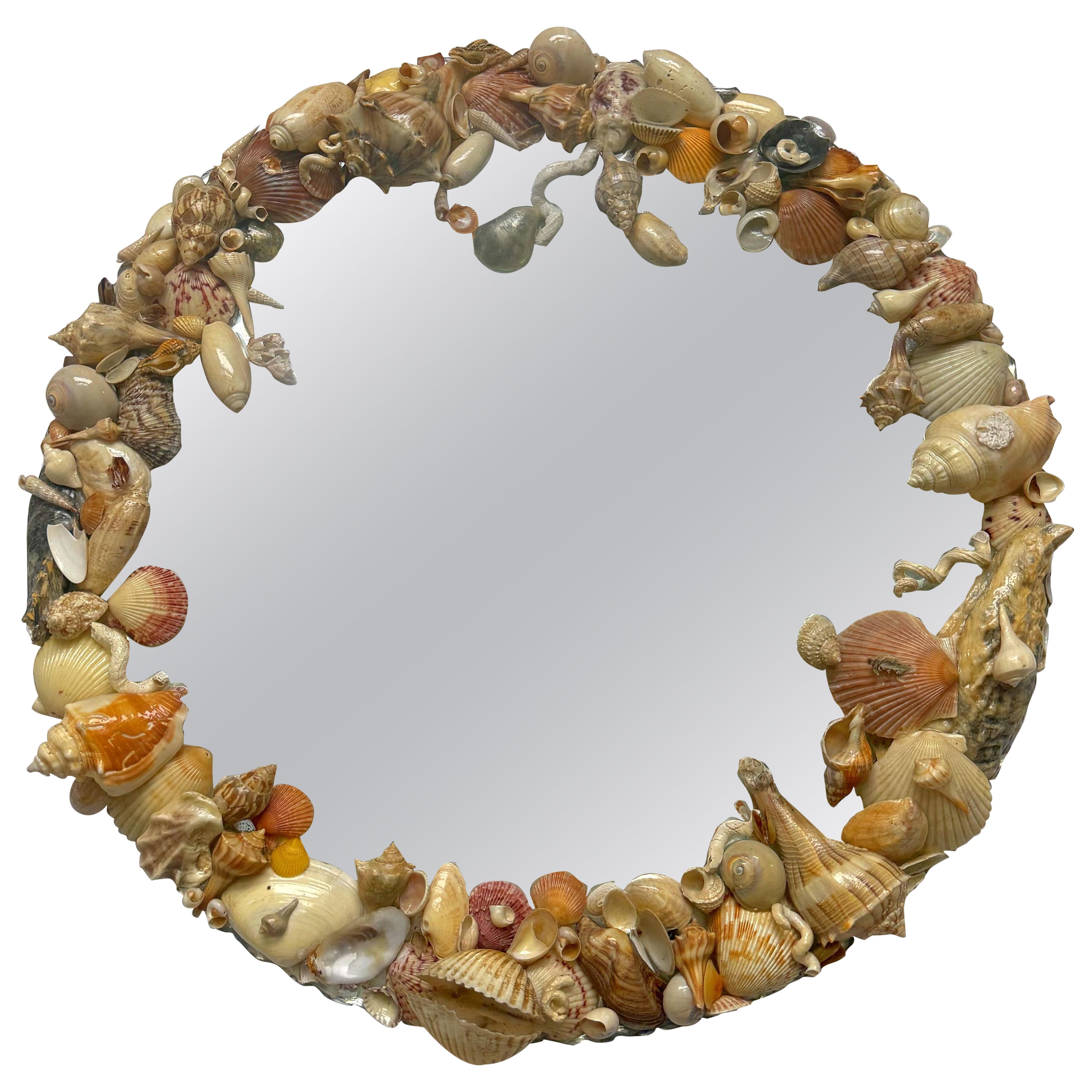 Antique Scalloped Frameless Circular Shelled Mirror