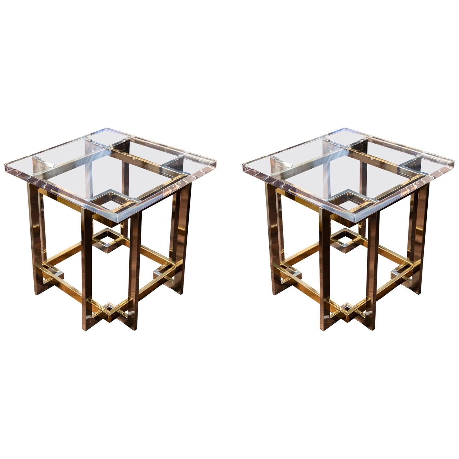 Pierre Cardin Brass and Chrome Petite End Tables with Lucite Top