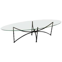 Vintage Oval Glass Top Coffee Table with Wrought Iron Base