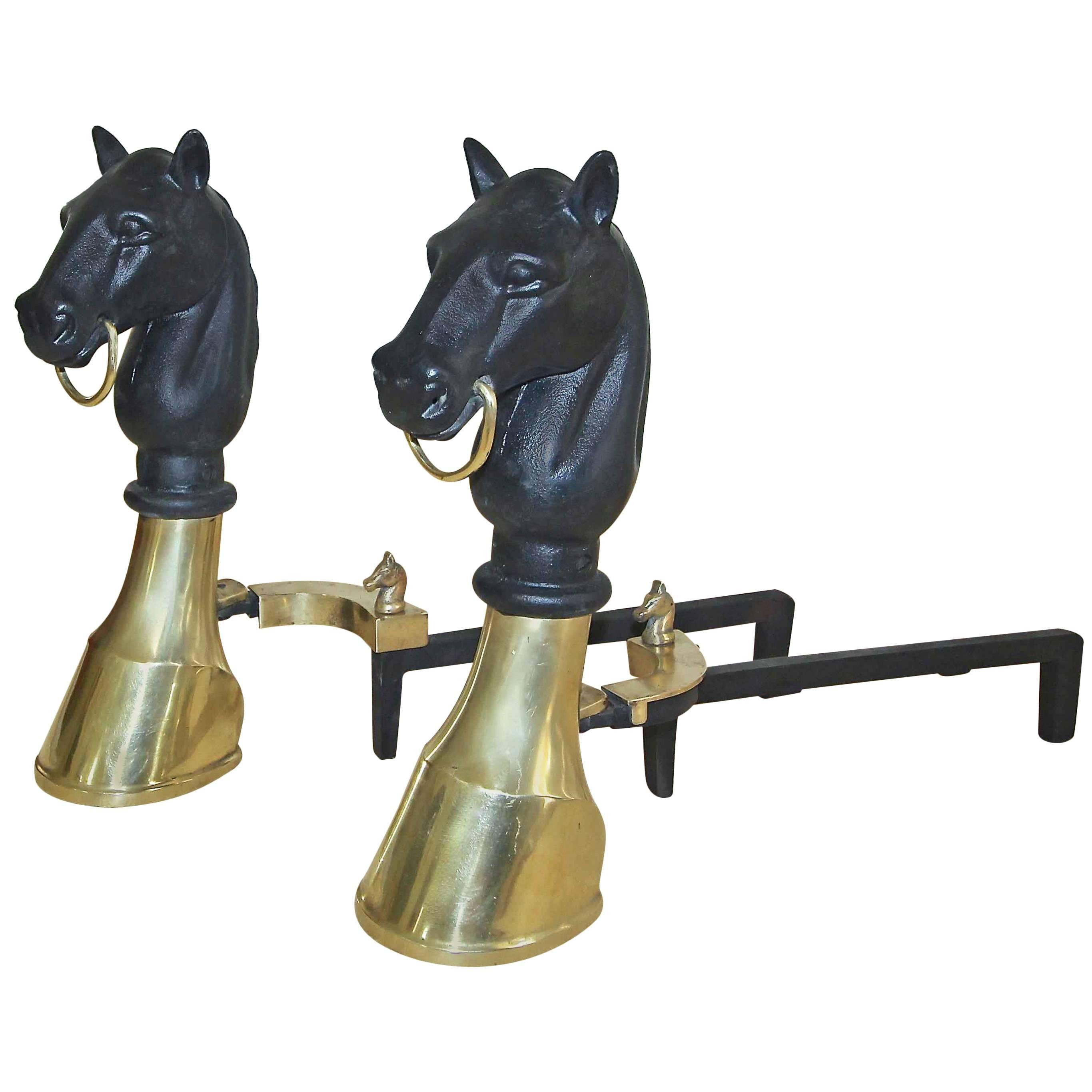 Pair of Heavy Bronze and Cast Iron Horse Equestrian Andirons For Sale