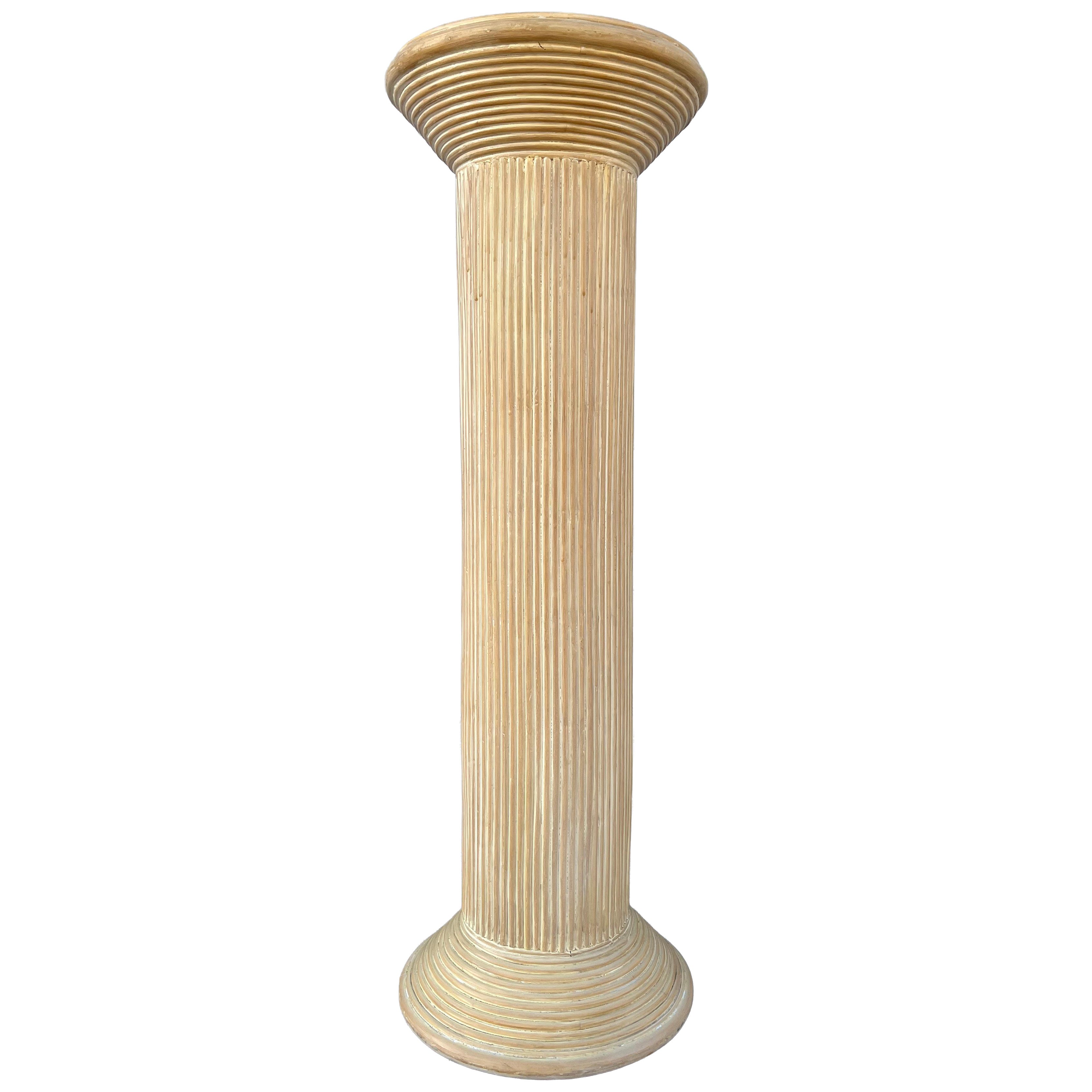Bohemian / Coastal Style Split Reed Rattan Pedestal Column. Circa 1980s