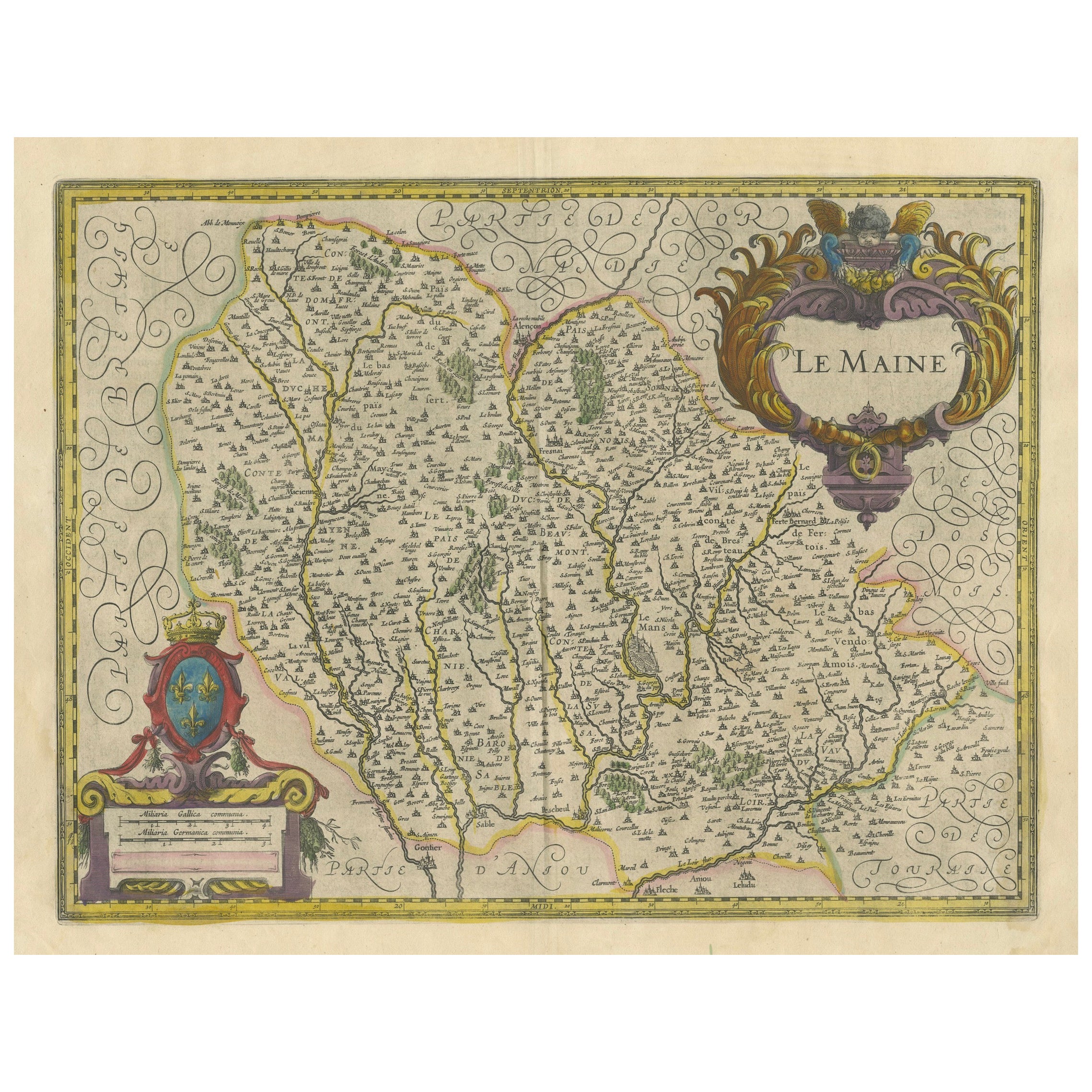 Carte du Maine par H. Hondius, 1633, coloriée à la main, décorative et historique