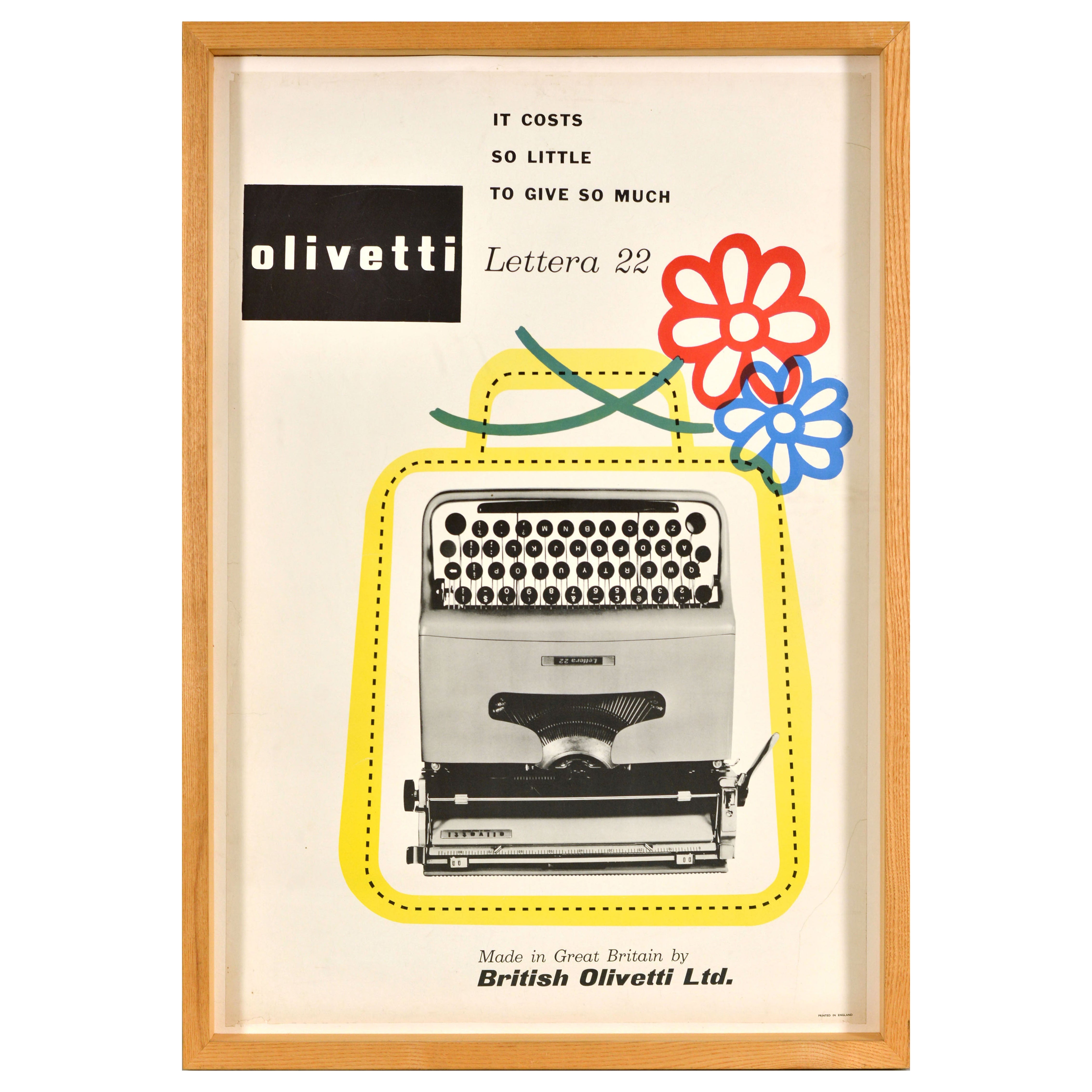 Original Vintage Advertising Poster Olivetti Lettera 22 Flowers Typewriter