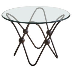 French Metal Base Coffee Table with Spherical Details + Glass Top, 1950s