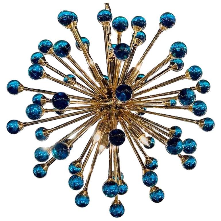 Modern Electric Blue and Brass Murano Glass Chandelier