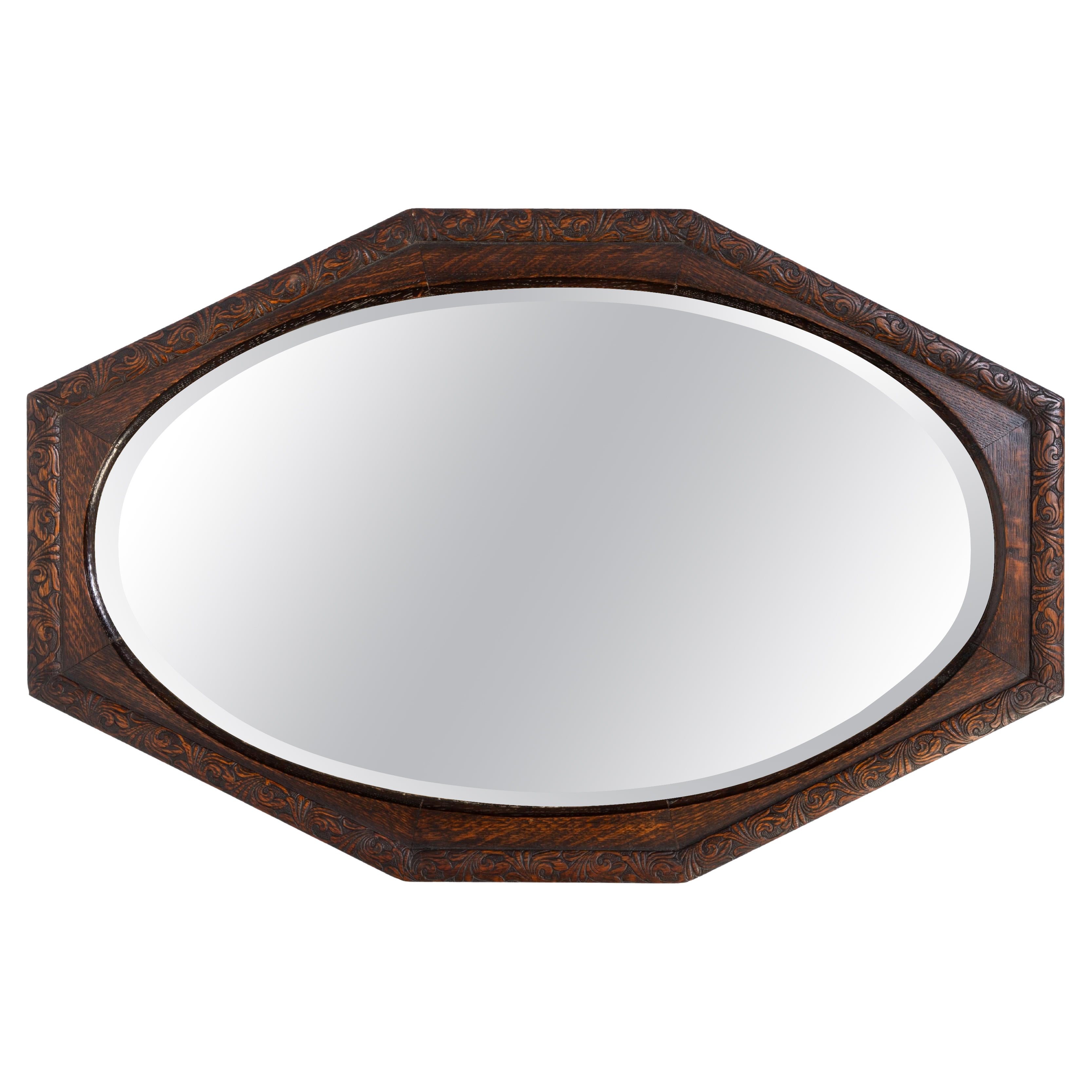 Large Antique English Arts & Crafts Oak Framed Octagonal Mirror C.1920.