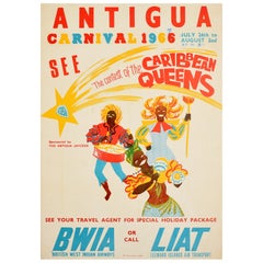Original Vintage Travel Poster Antigua Carnival 1966 BWIA LIAT Caribbean