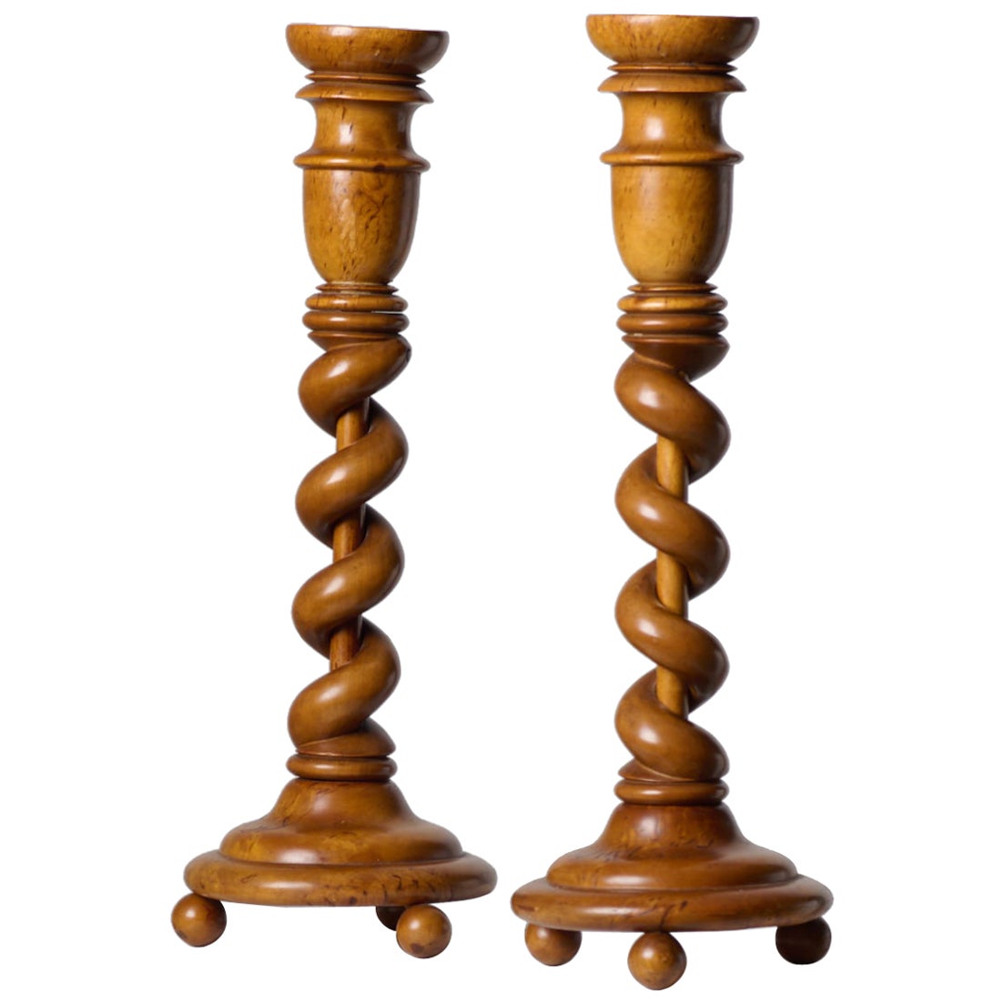 Pair of Antique Swedish Empire Candlesticks Made by Hand in Solid Birch For Sale