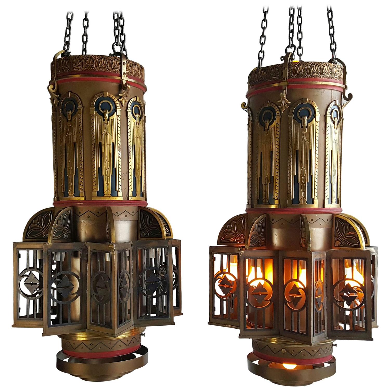 Monumental Pair of Bronze Art Deco Theater Hanging Chandelier/Pendant