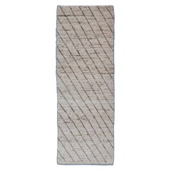 Modern Hand-Knotted Runner in Wool with Linear Design in Blue & Neutral Tones
