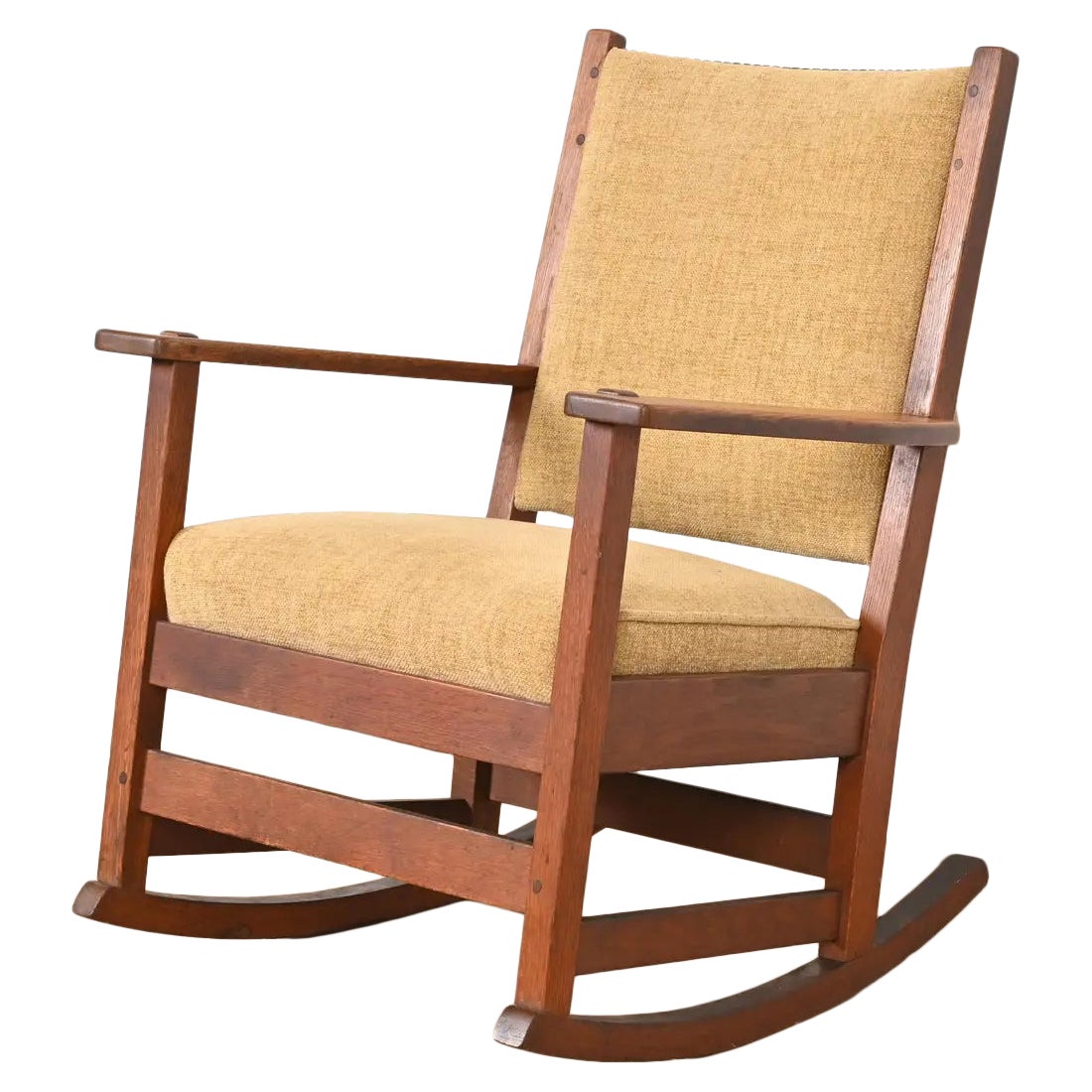L. & J. G. Stickley Silla mecedora antigua Mission Arts & Crafts de roble, circa 1900