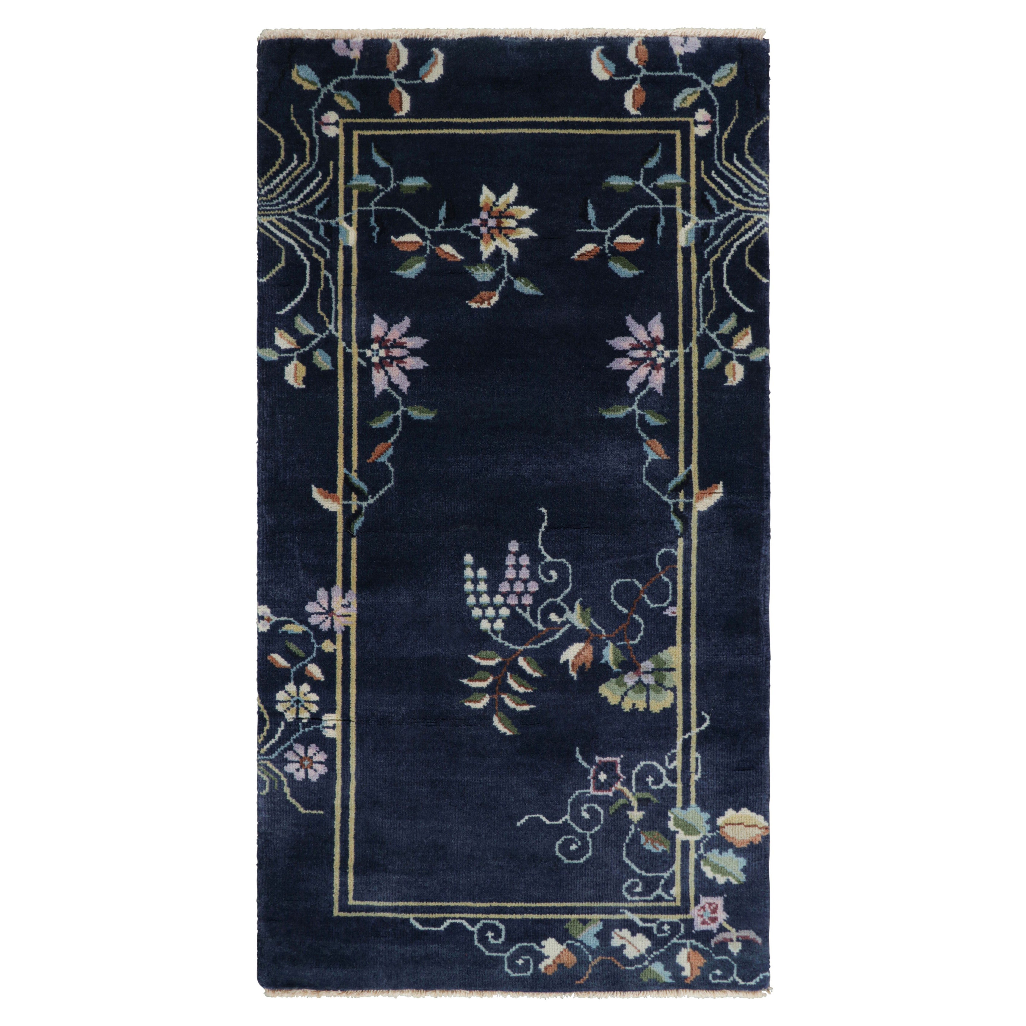 Rug & Kilim’s Chinese Art Deco Style Rug, Bright Floral Patterns over Navy Blue