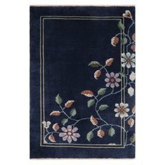 Rug & Kilim’s Chinese Art Deco Style Rug, Navy Blue Ground and Floral Patterns