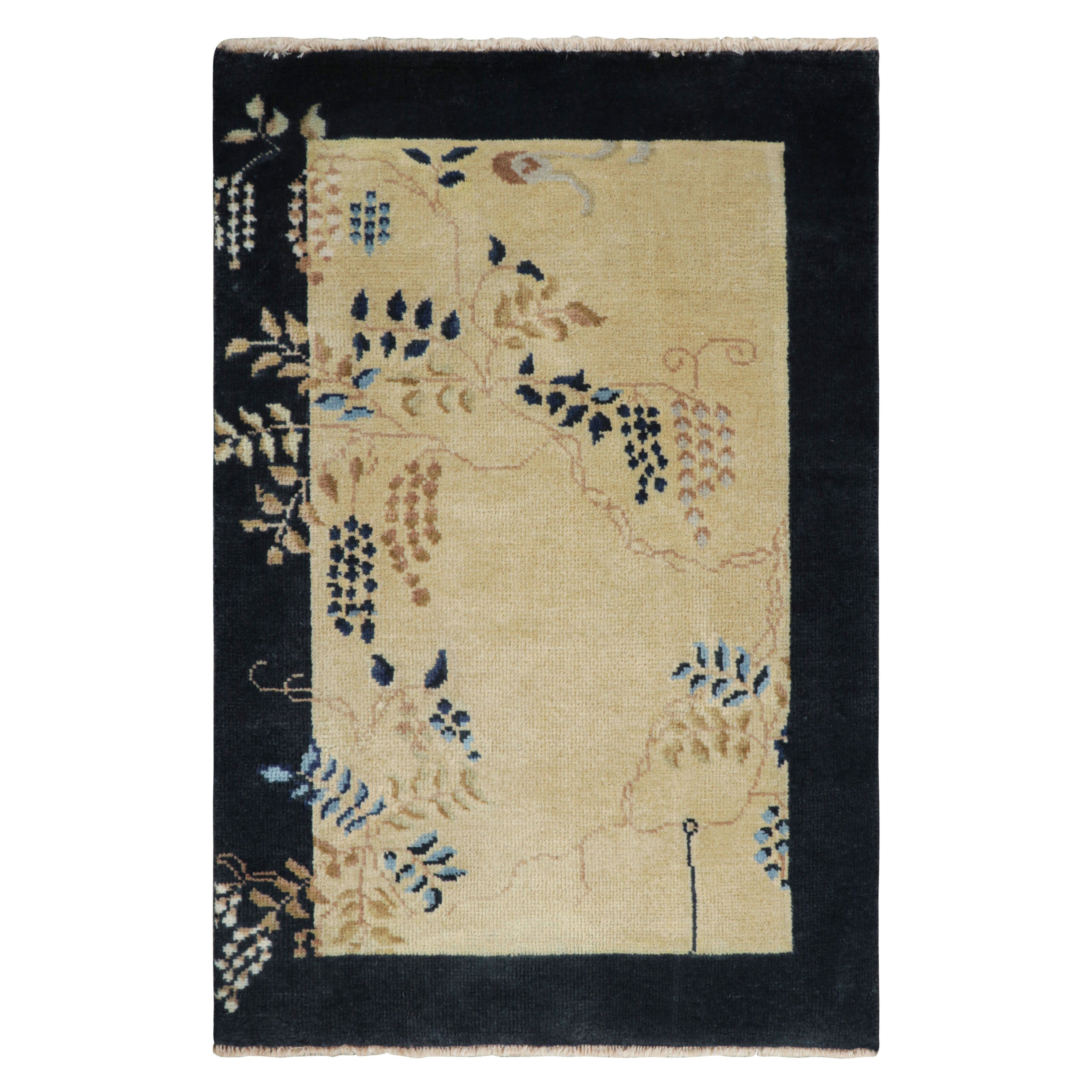 Rug & Kilim’s Chinese Art Deco Style Rug, Cream and Navy Blue in Floral Patterns