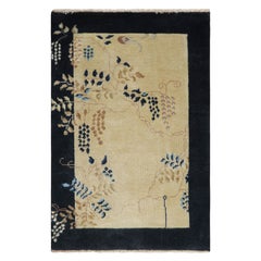 Rug & Kilim’s Chinese Art Deco Style Rug, Cream and Navy Blue in Floral Patterns