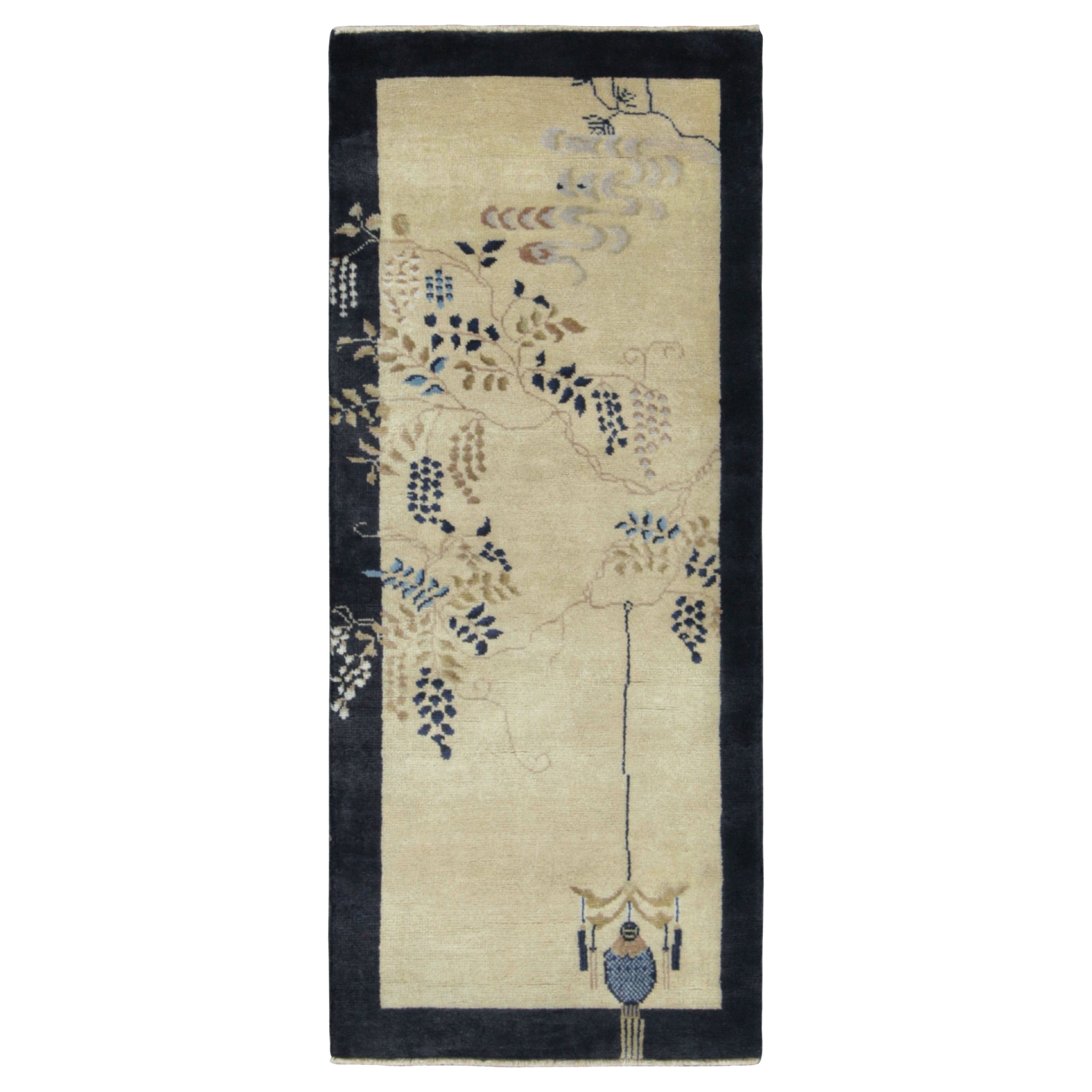 Rug & Kilim’s Chinese Art Deco Style Runner Rug, Cream White with Floral Pattern