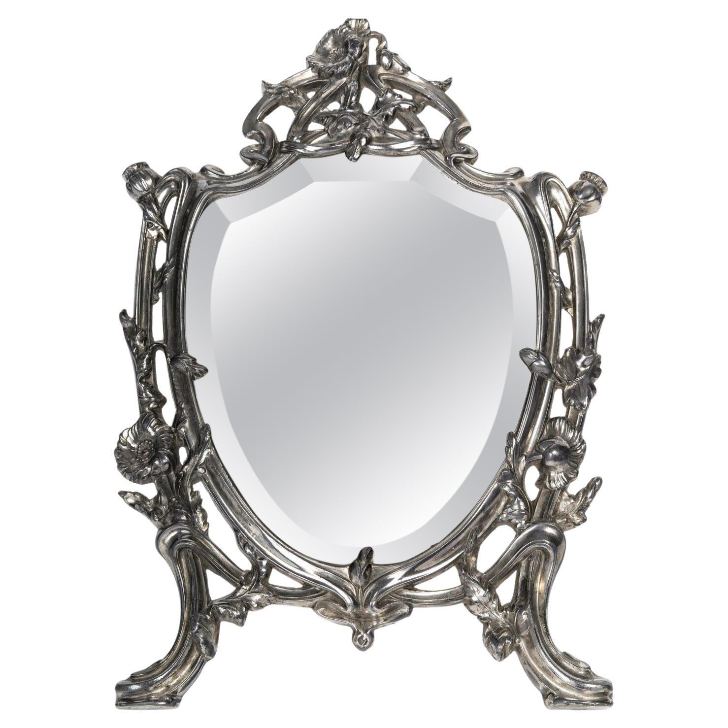 Specchio da tavolo in bronzo argentato, inizio XX secolo, periodo Art Nouveau.